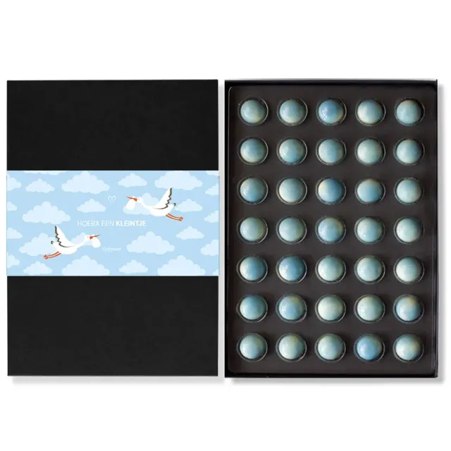 Chocoladebezorgd Geboorte bonbons blauw 35 stuks muisjes