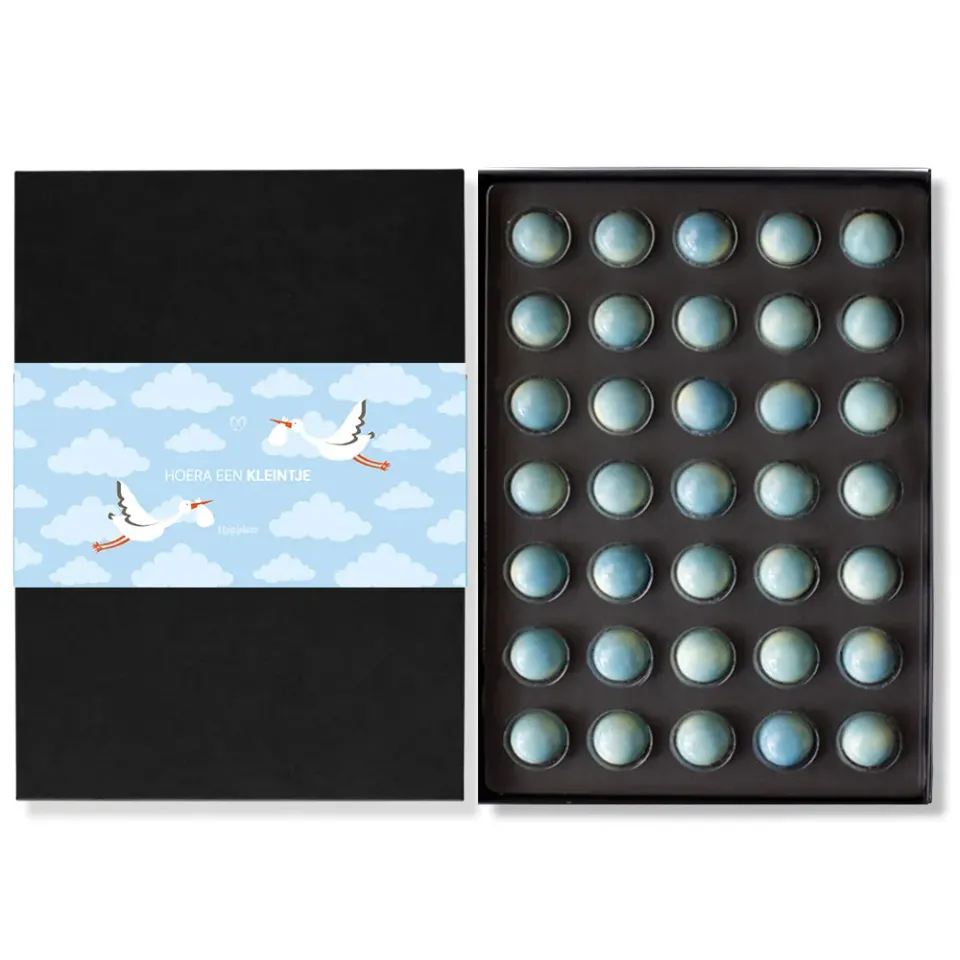 Chocoladebezorgd Geboorte bonbons blauw 35 stuks muisjes