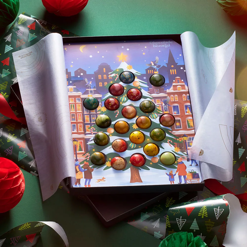 Chocoladebezorgd Kerstboom bonbons 21 stuks alcoholvrij