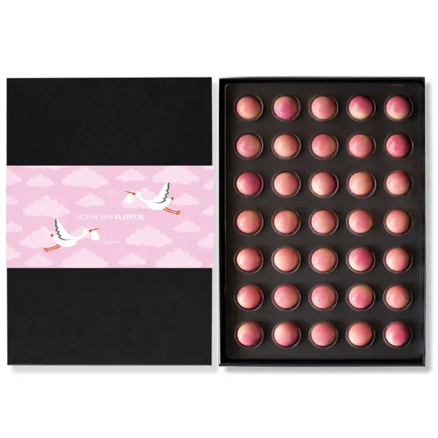 Chocoladebezorgd Geboorte bonbons roze 35 stuks muisjes