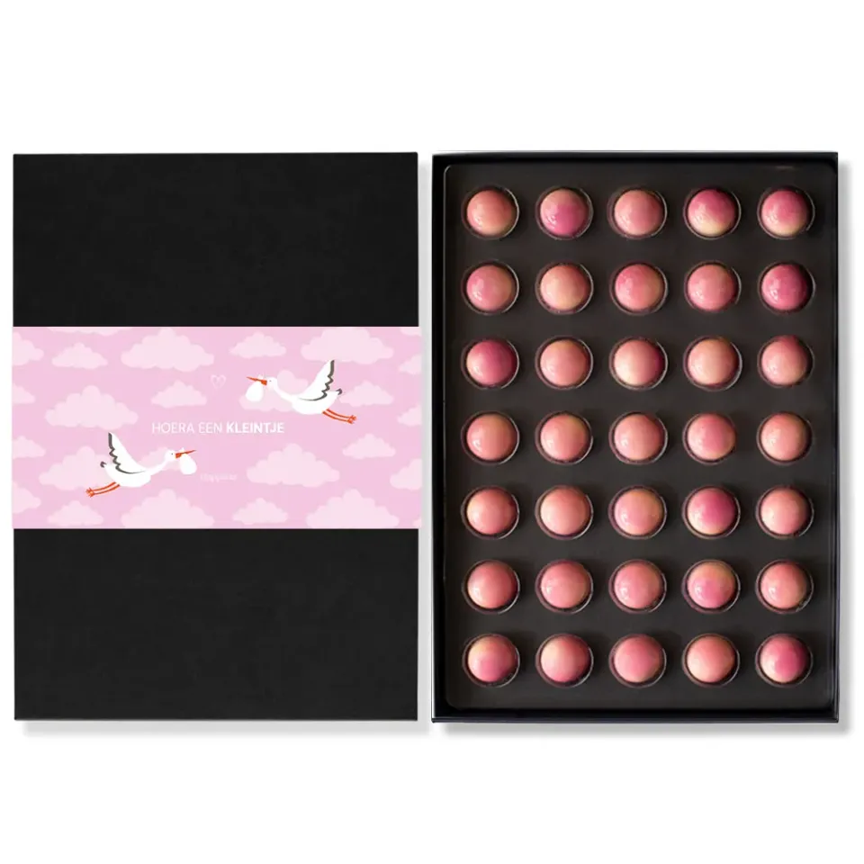 Chocoladebezorgd Geboorte bonbons roze 35 stuks muisjes
