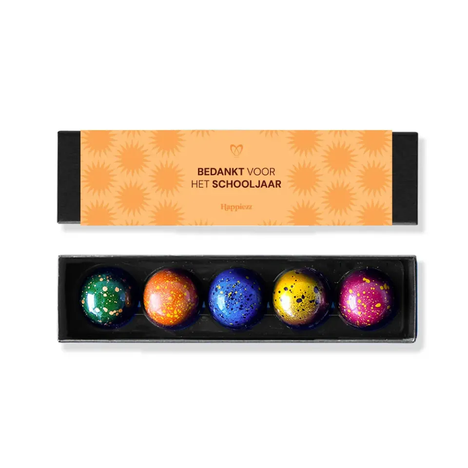 Chocoladebezorgd Juf & meester bedankt bonbons 5 stuks alcoholvrij