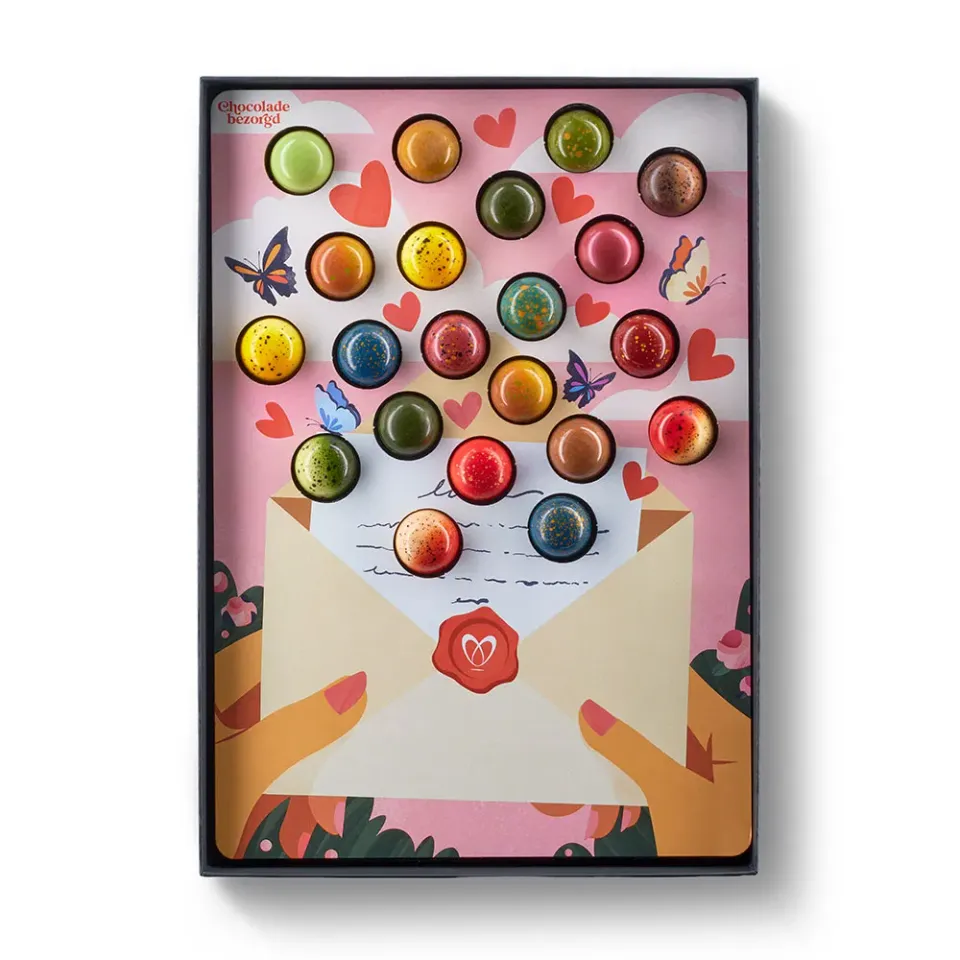 Chocoladebezorgd Love Letter Box bonbons 21 stuks alcoholvrij